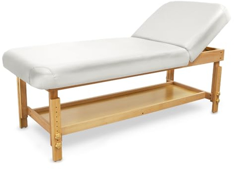 Quirumed Lettino da massaggio, legno, SPA, con schienale, colore bianco, similpelle, imbottitura ad alta densità, regolabile in altezza
