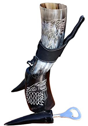 THE ANTIQUE HOUSE Tazza vichinga in corno di birra con incisione di lupo e idromele di vino, con supporto e apribottiglie, supporto in pelle per uso alimentare