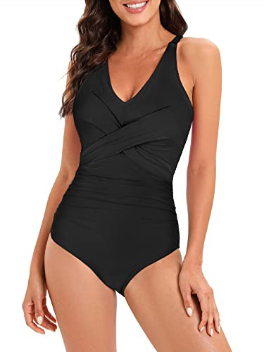 Century Star Traje de baño para mujer, traje de baño para mujer, talla grande, traje de baño con aros, para mujer, control del abdomen, bañador para mujer, Negro , 42-44