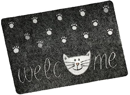 deco-mat Indoor und Outdoor Fußmatte - Katze Welcome 60x90cm Grau ohne Rand - Leicht zu reinigen, rutschfest