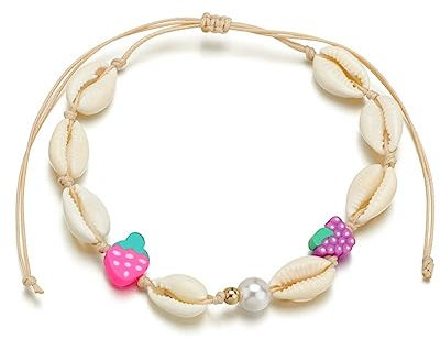 Yurosiay Natürlich Muscheln Fußkettchen Handgewebte Süßes Bunt Fruchtperlen Fußkettchen Hawaii Style Muschel Armband Einstellbar Strand Fußkettchen Muschel Perlen Armband für Damen Mädchen