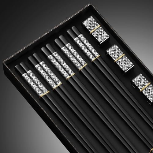 TIICOO Metall Essstäbchen Wiederverwendbare 5-Paar Titan überzogene Edelstahl-18/8 Essstäbchen mit Halter, Geschirrspüler Safe Leichte japanische Art Essstäbchen Geschenk-Set (Schwarz)