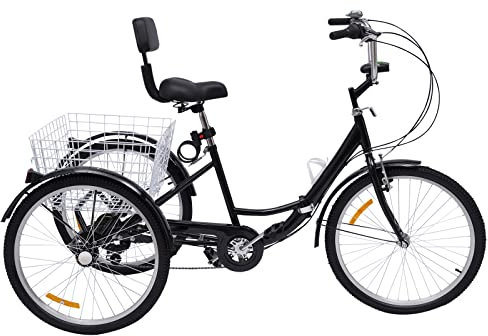 Dreirad für Erwachsene Dreirad 24 Zoll Fahrrad mit Korb 3-Rad-Fahrrad für Erwachsene Dreirad 7-Gang-Faltrad mit LED-Licht und Schutzblechen Geeignet für 160-185 CM, Max Tragfähigkeit 140KG (Schwarz)