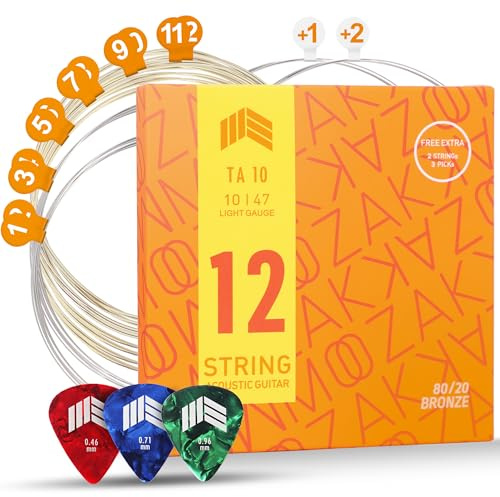 MOOZAK Akustik-Gitarren-Saiten 12-Saiten 80/20 Bronze, Leichte Stärke 10-47, Haltbare und helle Stahlsaiten, Zusätzliche 1.&2. Saiten, 3 Picks im Lieferumfang – Ideal als Geschenk & für alle Spieler
