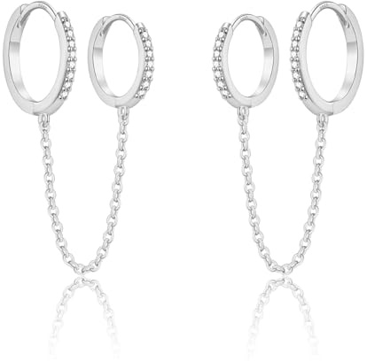 925 Sterling Silver Double Chain Earrings for Women, Silver Double Piercing Earrings Huggie Hoop Dangle Earrings with Cubic Zirconia Stud for Girls Men Teens (Silver/Gold)