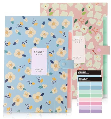 KONVINIT Dokumentenmappe Fächermappe A4 Erweiterbar Mappe mit 6 fächern, Blumen Document Folder für Frauen/Mädchen File Folder für Schule/Zuhause/Arbeit/Büro Schulsachen Aesthetic,2 Stücke