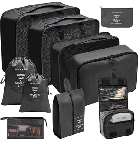 Oemmn Koffer Organizer set 10 Teiliges Kleidertaschen Packwürfel Set mit Kosmetiktasche wasserdichte Schuhe Beutel Urlaub und Travel Essentials Packing Cubes - Schwarz