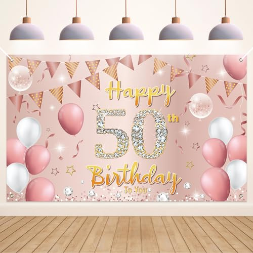 Koliphy 50. Geburtstag Deko, 50. Happy Birthday Banner für Mann Frau, Rose Gold Stoff 50 Geburtstagsbanner Hintergrund Party Dekoration Drinnen und Draußen