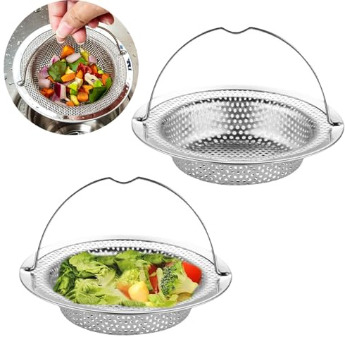 XoeLLe 2 Pack Kitchen Sink Strainer, Drainage Filter, Fine Mesh Sink Strainer, 11cm Stainless Steel Large Sink Sieve with Lift Up Handle, Anti Clogging, for Bathroom, Kitchen Sink, XOE-SCGLQ-2