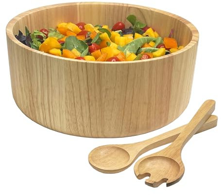 Woodard & Charles Wood 11 x 4 1/2 Salad Serving Bowl Set with Servers, 3 Piece Set