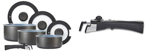 Tower Freedom T800201 7 Piece Cookware Set with Ceramic Coating, Stackable Design and Detachable & Freedom T800207 Detachable Bakelite Handle with Clip and Grip Mechanism, Black