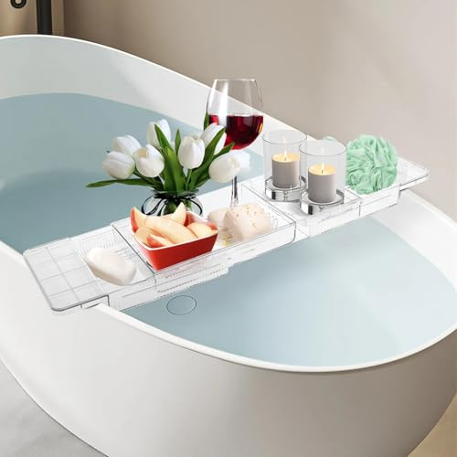 Badewannen-Ablage, erweiterbar, 56,5–80 cm, verstellbare Länge, Badewannenbrückenregal, transparentes Badewannenregal, multifunktionales Badezimmer-Aufbewahrungsregal, hohle Drainage für Buch,