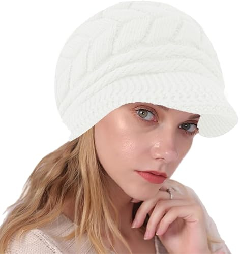 NLAND Cappello Donna Invernale Elegante Berretto in Maglia con Fodera in Pile Morbido Caldo Basco con Visiera(Bianco)