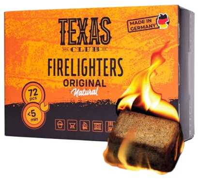 TEXAS CLUB - Accendifuoco Ecologico per Barbecue, Caminetti, Stufe, Affumicatori e Griglie, Legno Imbevuto di Cera Naturale, Inodore, Accensione Rapida, 72 Pezzi