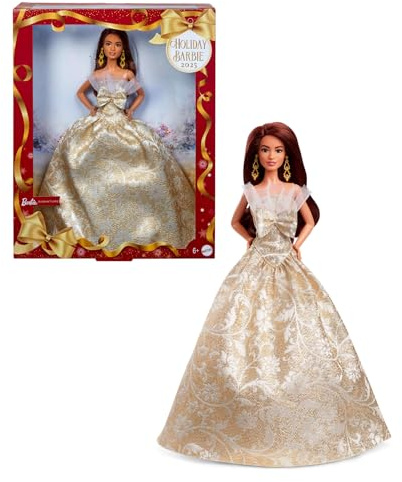 Barbie Poupée Barbie Joyeux Noël 2025 aux Cheveux Brun foncé emblématique Portant Une Robe Agent et Or, poupée Collector pour Les fêtes, avec Emballage de présentation et Socle, JBJ02