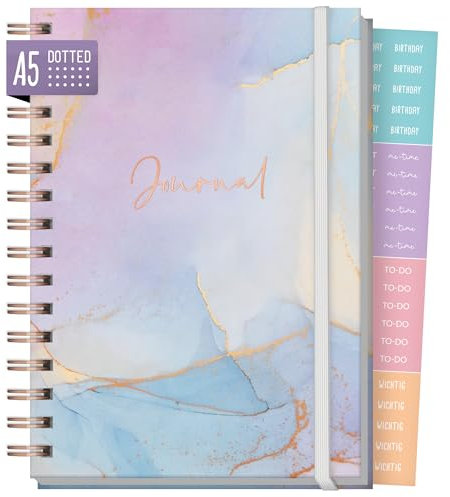 Häfft® Dotted Journal Fancy - Hardcover Notizbuch A5 gepunktet, 120 g/m²-Papier, Rosègold-Prägung, 160 Seiten - Ringbuch, Tagebuch Bleu & Rosé