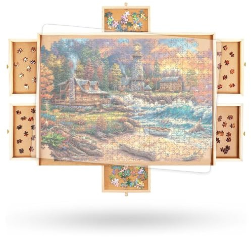 2000 Piece Wooden Jigsaw Puzzle Board -6 Drawers, Rotating Puzzle Table | 41.5” X 30” Jigsaw Puzzle Table | Cover Included - for Adults and Kids by Beyond Innoventions