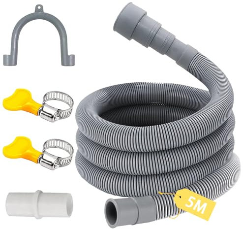 XIEXIESHER Tuyau Vidange Lave Vaisselle, 1M/1.5M/2M/3M/4M/5M/6M Rallonge de Tuyau de Vidange, avec SuPETort Forme U et Colliers de Serrage, pour Lave Vaisselle(5M)