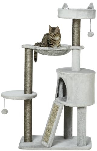 PawHut Kratzbaum Katzenkratzbaum mit Sisalsäule Katzenhöhle 113 cm Katzenbaum mit Rampe Spielbaum mit Katzenspielzeug Hängematte Hellgrau