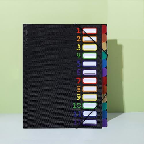 Fächermappe A4, Dokumentenmappe A4, Tragbar Fächermappe mit 12 Fächern, Mappen Ordnersystem PP Kunststoff Ordnungsmappe Pultordner für Schule Bürobedarf Klasse Sortier-/ Sammelmappe (schwarz-NEU)