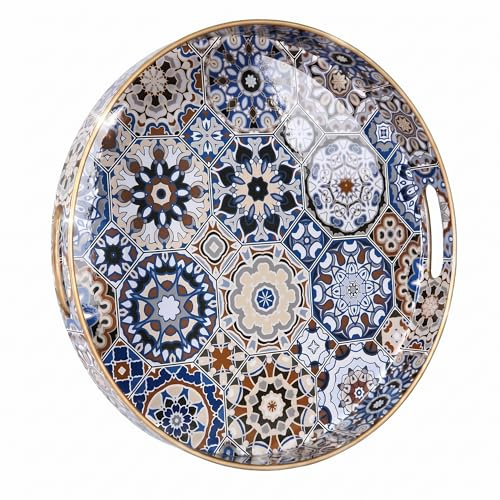 Heaven4you Round Premium Luxury Decorative Serving Tray with Gold Trim | Glossy Finish Cosmetic Tray Organiser or Food Tray for Coffee Table, Kitchen or Dining (Mosaic)