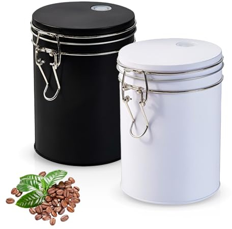 Qixuer 2Stück Kaffeedose Luftdicht, Kaffeespeicherdose,Luftdichter Kaffeekasten, 9.5*13.2cm Feuchtigkeitsdichter Kaffetüte, Unidirektionaler Auspuff, Metall, Gesamtkapazität ca. 500g(Schwarz+Weiß)