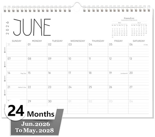 GuassLee Wall Calendar 2026, 24-Month Desk/Wall Academic Calendar from Jun. 2026 to May. 2028,17 X 12 Desktop Hanging Monthly Planner with Thick Paper Spiral Bound for Easy Organizing