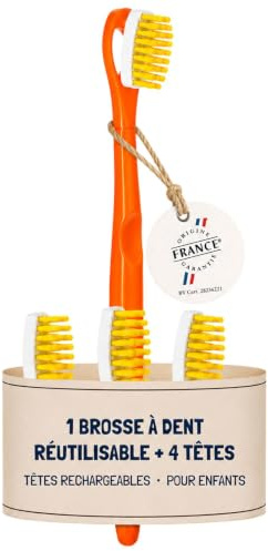 [EHOP] Pack Brosse à Dents Rechargeables Compatibles | Convient à Enfant | Fabriqué en France | Dentaire Écolo (Orange)