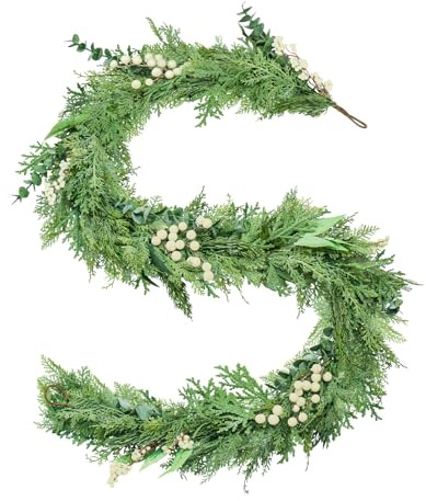 GOVIRAYE Weihnachtsgirlande 180cm mit Eukalyptus & weißen Beeren – Real Touch Girlande für Treppe, Kamin, Fenster (ganzjährig, wetterfest)