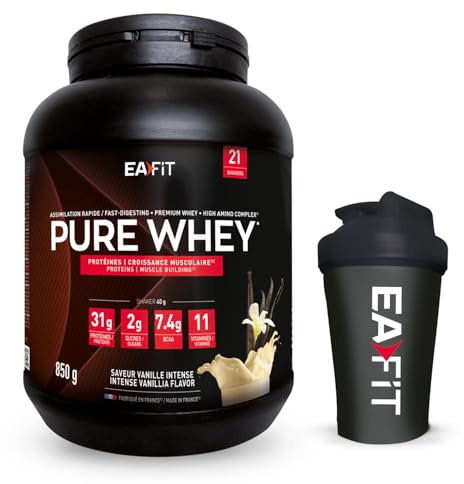 EAFIT - Lot WHEY PROTEIN - Vanille 850g - Protéines Whey + Shaker Noir avec Mélangeur en Acier