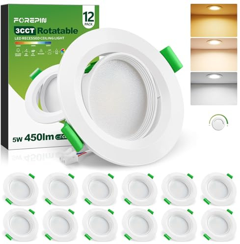Forepin LED Einbaustrahler 230v 5W, LED Einbauspots Dimmbar Spots Deckenleuchte 68mm, IP44 Einbauleuchten Schwenkbar für Einbaubeleuchtung 3000K/4000K/6500K Einbaustrahler, 12er Set