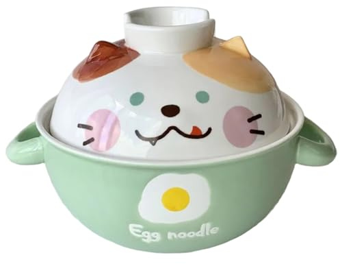 Lawnrden Bol de ramen à micro-ondes en céramique mignon bol ramen avec couvercle et manche à nouilles micro-ondes pour nouilles, pho, soupe et pâtes, lave-vaisselle en toute sécurité | Conteneurs