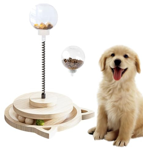 Dog Puzzle Ball | Pet Food Dispenser Wood Track | with Spring Pole Cat Treat Ball Dispenser | for Interactive Slow Feeding Training Boredom Relief Mental Stimulation