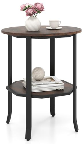 COSTWAY Round Side Table, 2-Tier Industrial Nightstand Sofa End Table with Storage Shelf, Metal Frame Wooden Small Accent Coffee Tea Tables for Living Room Bedroom (Rustic Brown, 50 x 50 x 61cm)