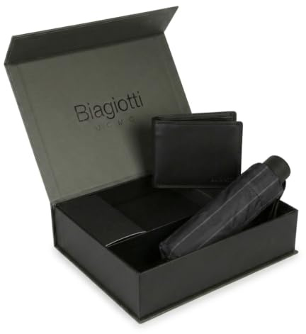 Biagiotti Cofanetto Regalo Uomo, Portafoglio Uomo in Vera Pelle e Ombrello Super Mini Pieghevole Tascabile, Elegante Set