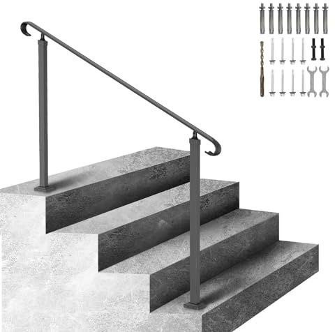 VEVOR Wrought Iron Handrail, Fit 2 or 3 Steps Outdoor Stair Railing, Adjustable Front Porch Hand Rail, Black Transitional Hand railings for Concrete Steps or Wooden Stairs with Installation Kit
