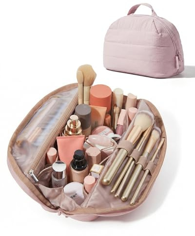 BAGSMART Travel Makeup Bag for Women, Portable Fold-down Cosmetic Case, Puffy Padded Make Up Organizer Pouch, Water-resistant Toiletry Bag for Toiletries, Brushes (Baby Pink)