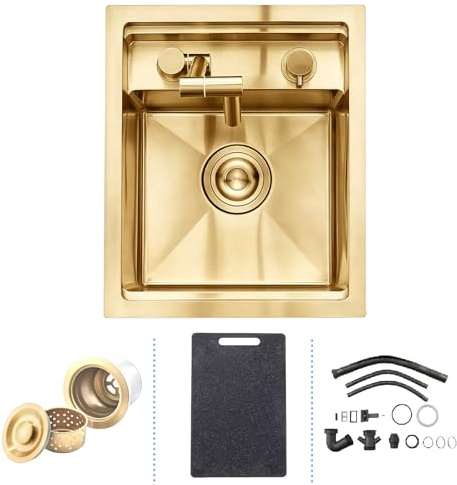 Gold Bar Sink, Undermount 35 x 45 cm Gold Bar Hidden Concealed Kitchen Sink with Folding Faucet, Small Prep 16 Gauge Stainless Steel Single Bowl, Small Rv Single Bowl with Overflow, Chopping Board
