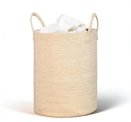 Wäschekorb mit Henkel,Aufbewahrungskorb,Geflochten Korb,38 * 50cm Groß Rund Wäschesammler mit Baumwoll Henkel für Decken und Spielzeug für Wohnzimmer oder Waschraum (Beige)