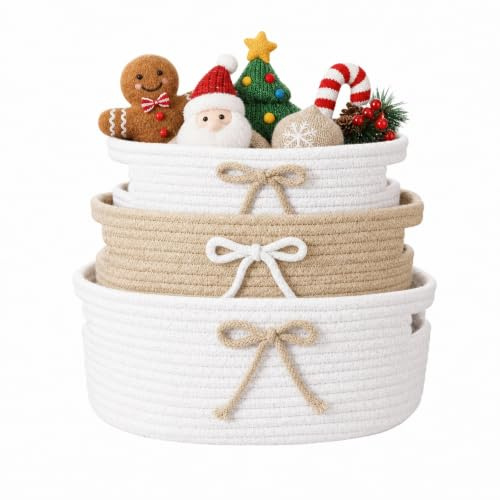 3 cesti portaoggetti intrecciati, in corda di cotone intrecciata, per giocattoli, cesto regalo con manici, per decorazione, organizzazione, conservazione (cachi)
