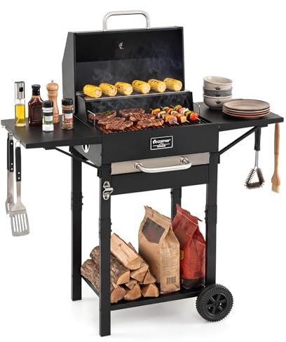 COSTWAY Barbecue à Charbon de Bois Extérieur à Roues 2 Tables Latérales | Gril au Charbon avec Thermomètre Aérations Tire-Bouchon Grille Chauffante, pour Pique-nique Patio
