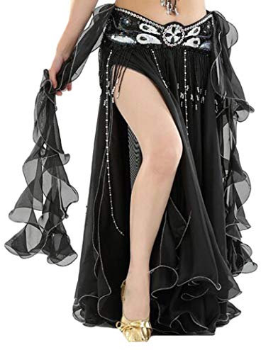 YuanDian Damen Chiffon Einfarbig Professionelle Tänzerin Bauchtanz Spliss Öffnungs Swing Long Rock Tanzkostüm Bauch Dance Kleid Schwarz (Nicht inbegriffen ist Gürtel)