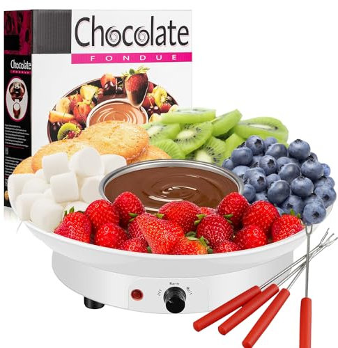 Fondue de chocolate – Juego de ollas eléctricas de 110 V para fondue de chocolate con 4 tenedores de acero, cuenco de acero inoxidable, bandeja de servir, material de calefacción mejorado para