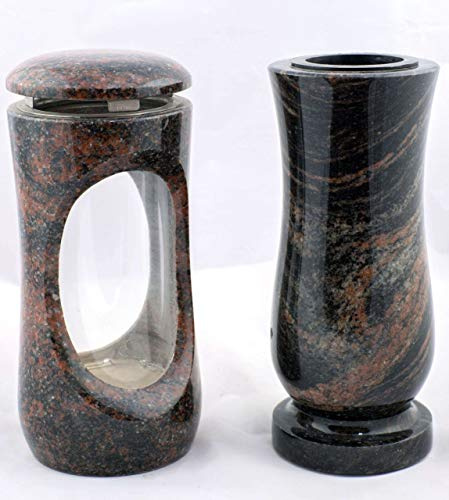 designgrab Set Grablampe Design-Small 27 cm & Vase Taille Medium aus Granit Aurora – hellgrau-rosé, fein gemasert & massiv