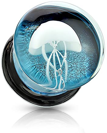 Treuheld® Blauer Glas Ohr Plug mit weißer Qualle | 5 Größen