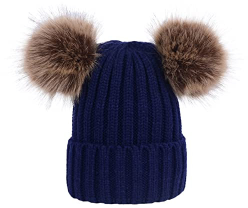 BeFur Barn unisex ullmössa dam stickad mössa vinter varm beanie tofs med två tofsar, Mörkblå, One size