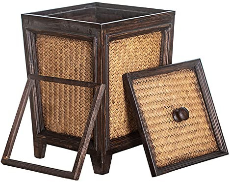 Poubelle en rotin en bois Poubelle rectangulaire pour salle de bain, chambre, cuisines, bureau Vintage grande capacité avec couvercle Corbeille à papier Maison Corbeille à papier en bois massif 10L
