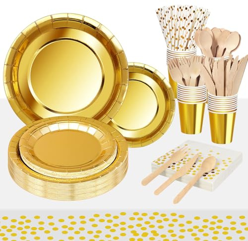 Nkaiso 193 Stück Gold Pappteller Partygeschirr Set -24 Gäste