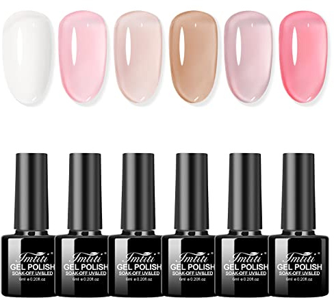 Kit de Vernis Gel Jelly Imtiti - 6 Vernis Nude (Blanc Laiteux, Rose Translucide) à Sécher sous Lampe LED/UV - Coffret Démarrage Manucure DIY pour Femmes et Filles (6ml)