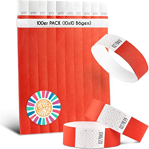 FARBEN BANDE® 100 Einlassbänder Rot/Eintrittsbänder 19mm aus Tyvek/Party Bändchen reißfest, wasserdicht und nummeriert/farbige Partybänder/Einlassbändchen für Party, Festival & Feste